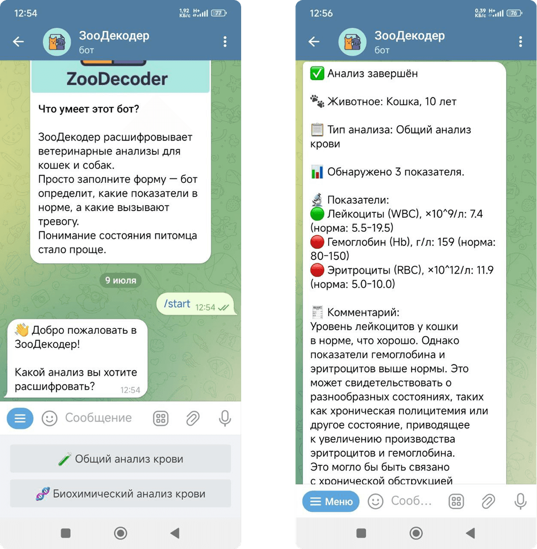 Интерфейс Telegram-бота ЗооДекодер — пример загрузки анализа